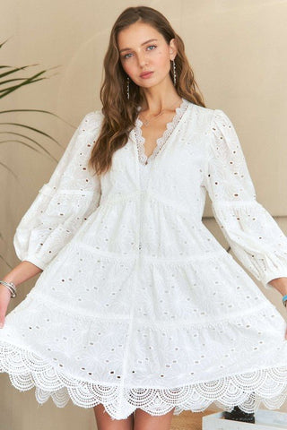 ADORA Lace Detail Tiered Eyelet V - Neck Babydoll Dress - MOD&SOUL - Contemporary Women's Clothing