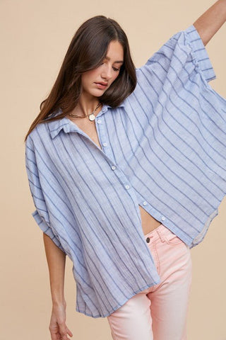 Annie Striped Button Up Half Sleeve Shirt - MOD&SOUL - Contemporary Women's Clothing