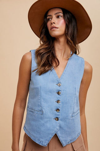 Annie Wear Button Down V - Neck Denim Vest - MOD&SOUL - Contemporary Women's Clothing