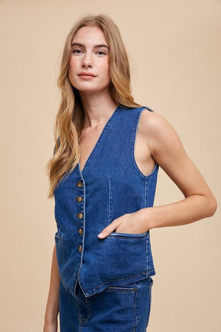 Annie Wear Button Down V - Neck Denim Vest - MOD&SOUL - Contemporary Women's Clothing