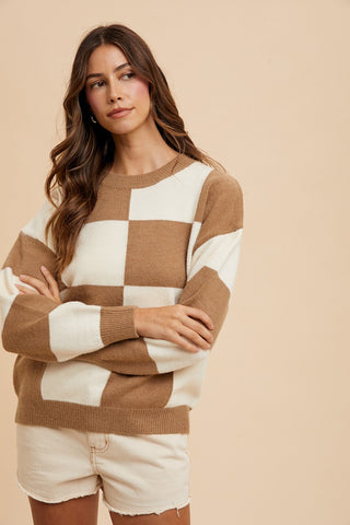 Annie Wear Checkered Round Neck Dropped Shoulder Sweater - MOD&SOUL - Contemporary Women's Clothing