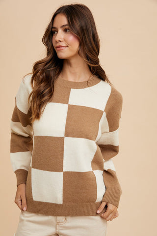 Annie Wear Checkered Round Neck Dropped Shoulder Sweater - MOD&SOUL - Contemporary Women's Clothing