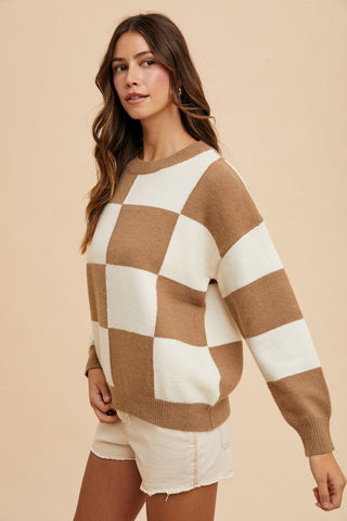 Annie Wear Checkered Round Neck Dropped Shoulder Sweater - MOD&SOUL - Contemporary Women's Clothing