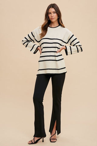 Annie Wear Side Slit Striped Round Neck Sweater - MOD&SOUL - Contemporary Women's Clothing