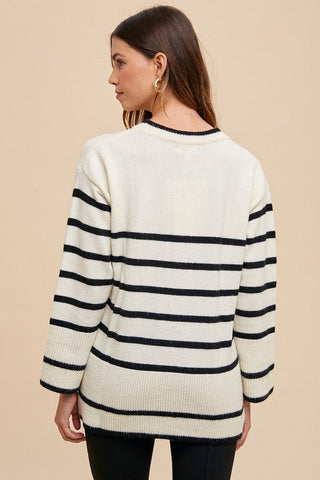 Annie Wear Side Slit Striped Round Neck Sweater - MOD&SOUL - Contemporary Women's Clothing