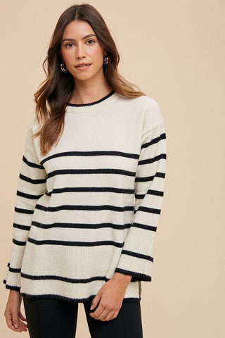 Annie Wear Side Slit Striped Round Neck Sweater - MOD&SOUL - Contemporary Women's Clothing