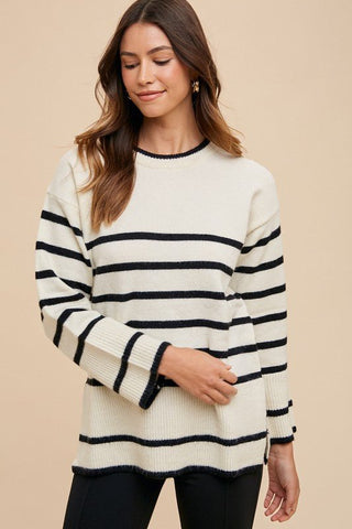 Annie Wear Side Slit Striped Round Neck Sweater - MOD&SOUL - Contemporary Women's Clothing