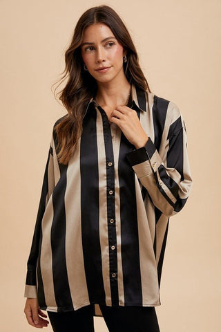 Annie Wear Striped Dropped Shoulder Button Up Shirt - MOD&SOUL - Contemporary Women's Clothing