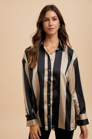 Annie Wear Striped Dropped Shoulder Button Up Shirt - MOD&SOUL - Contemporary Women's Clothing