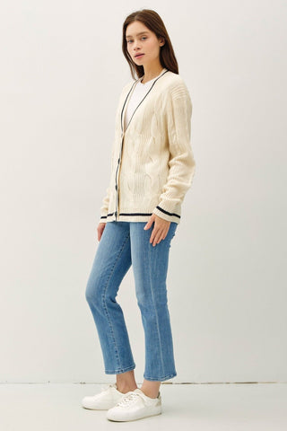 Be Cool Contrast Trim Cable - Knit V - Neck Cardigan - MOD&SOUL - Contemporary Women's Clothing