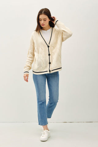 Be Cool Contrast Trim Cable - Knit V - Neck Cardigan - MOD&SOUL - Contemporary Women's Clothing