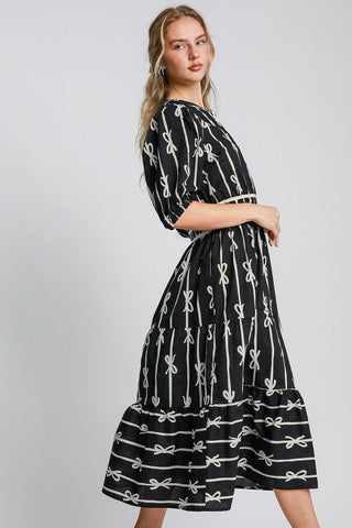 Bow Tie Velvet Trim Midi Dress - MOD&SOUL - Contemporary Women's Clothing