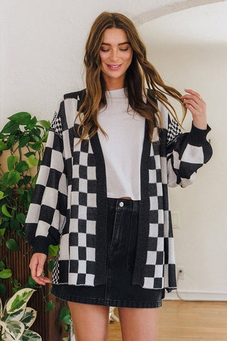 Checkered Open Front Cardigan - Black - MOD&SOUL - Contemporary Women's Clothing