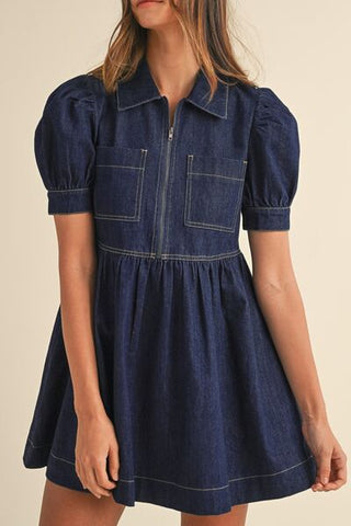 Collared Neck Half Zip Denim Dress - MOD&SOUL - Contemporary Women's Clothing