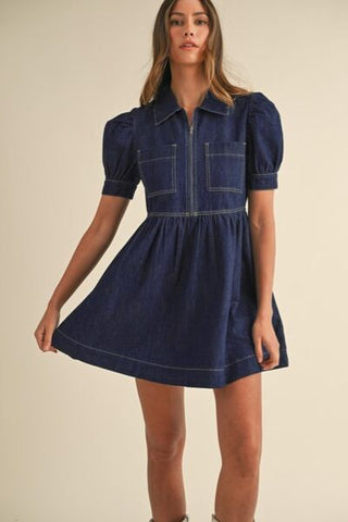 Collared Neck Half Zip Denim Dress - MOD&SOUL - Contemporary Women's Clothing