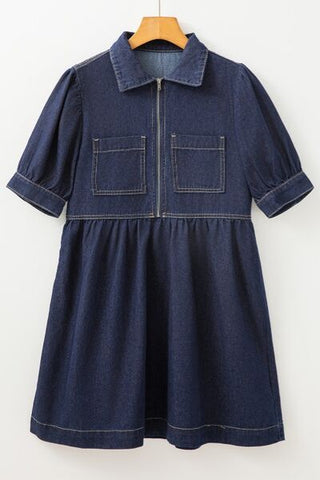 Collared Neck Half Zip Denim Dress - MOD&SOUL - Contemporary Women's Clothing