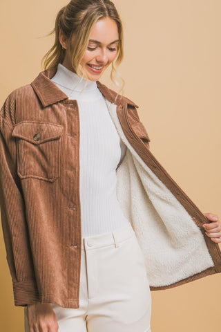 Corduroy Button Up Sherpa Jacket - Brown - MOD&SOUL - Contemporary Women's Clothing