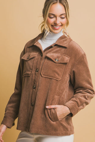 Corduroy Button Up Sherpa Jacket - Brown - MOD&SOUL - Contemporary Women's Clothing