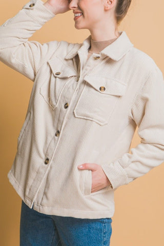 Corduroy Button Up Sherpa Jacket - Cream - MOD&SOUL - Contemporary Women's Clothing