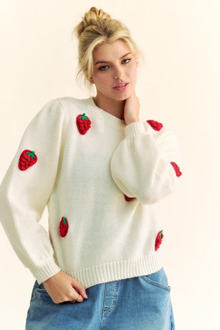 Davi & Dani Crochet Strawberry Round Neck Sweater - MOD&SOUL - Contemporary Women's Clothing