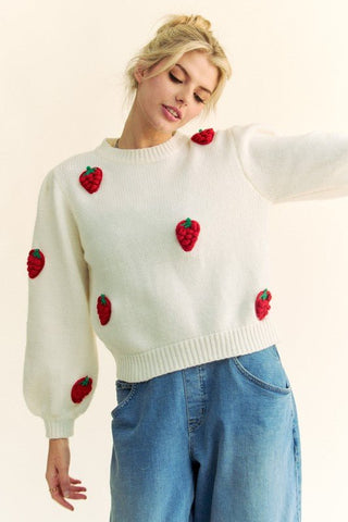 Davi & Dani Crochet Strawberry Round Neck Sweater - MOD&SOUL - Contemporary Women's Clothing