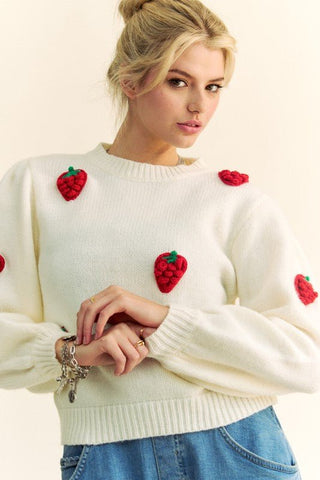 Davi & Dani Crochet Strawberry Round Neck Sweater - MOD&SOUL - Contemporary Women's Clothing