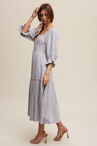 Ditzy Floral Embroidery Puff Sleeve Maxi Dress - MOD&SOUL - Contemporary Women's Clothing