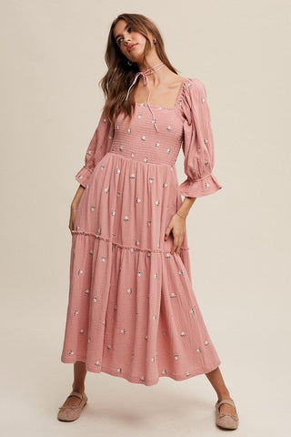 Ditzy Floral Embroidery Puff Sleeve Maxi Dress - MOD&SOUL - Contemporary Women's Clothing