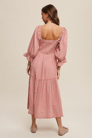 Ditzy Floral Embroidery Puff Sleeve Maxi Dress - MOD&SOUL - Contemporary Women's Clothing