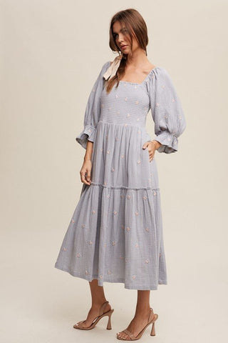 Ditzy Floral Embroidery Puff Sleeve Maxi Dress - MOD&SOUL - Contemporary Women's Clothing