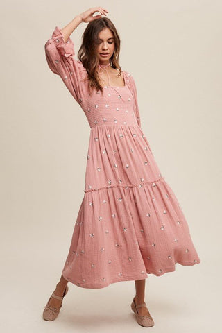 Ditzy Floral Embroidery Puff Sleeve Maxi Dress - MOD&SOUL - Contemporary Women's Clothing