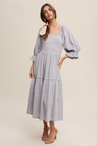 Ditzy Floral Embroidery Puff Sleeve Maxi Dress - MOD&SOUL - Contemporary Women's Clothing