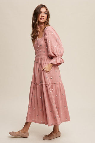 Ditzy Floral Embroidery Puff Sleeve Maxi Dress - MOD&SOUL - Contemporary Women's Clothing