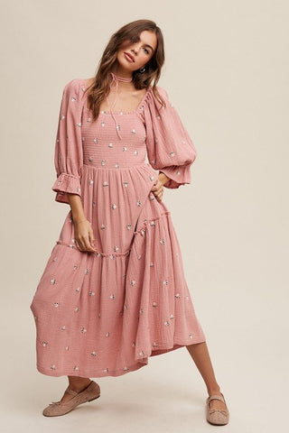 Ditzy Floral Embroidery Puff Sleeve Maxi Dress - MOD&SOUL - Contemporary Women's Clothing