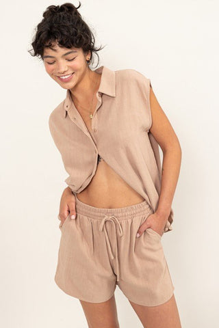 Linen Button-Down Shirt And Shorts Set - MOD&SOUL - Contemporary Women's Clothing