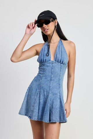 MINI HALTER NECK DENIM DRESS - MOD&SOUL - Contemporary Women's Clothing