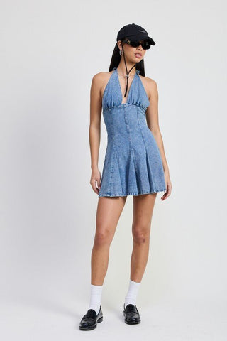 MINI HALTER NECK DENIM DRESS - MOD&SOUL - Contemporary Women's Clothing