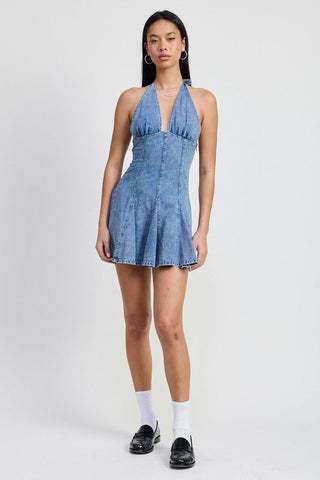 MINI HALTER NECK DENIM DRESS - MOD&SOUL - Contemporary Women's Clothing