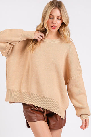 Mittoshop Side Slit Round Neck Drop Shoulder Sweater - MOD&SOUL - Contemporary Women's Clothing