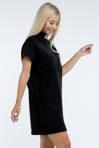 Mock Neck Short Sleeve Sweater Dress with Pocket - MOD&SOUL - Contemporary Women's Clothing