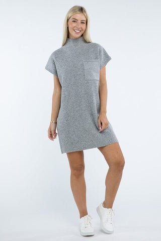 Mock Neck Short Sleeve Sweater Dress with Pocket - MOD&SOUL - Contemporary Women's Clothing