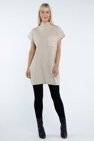 Mock Neck Short Sleeve Sweater Dress with Pocket - MOD&SOUL - Contemporary Women's Clothing