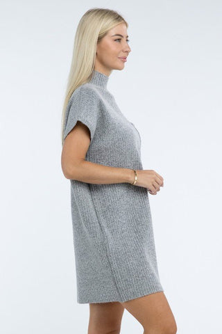 Mock Neck Short Sleeve Sweater Dress with Pocket - MOD&SOUL - Contemporary Women's Clothing