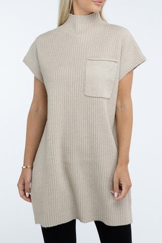 Mock Neck Short Sleeve Sweater Dress with Pocket - MOD&SOUL - Contemporary Women's Clothing