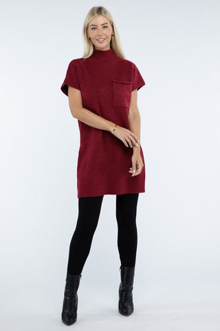 Mock Neck Short Sleeve Sweater Dress with Pocket - MOD&SOUL - Contemporary Women's Clothing