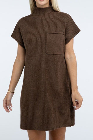 Mock Neck Short Sleeve Sweater Dress with Pocket - MOD&SOUL - Contemporary Women's Clothing