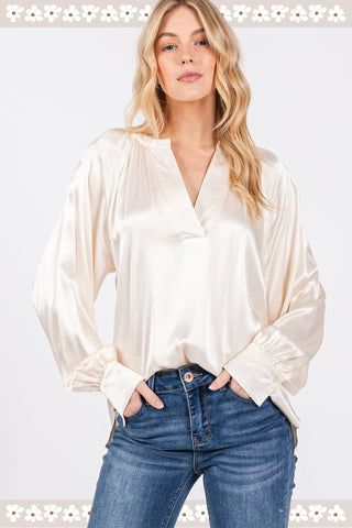 Notched Long Sleeve Blouse - MOD&SOUL - Contemporary Women's Clothing