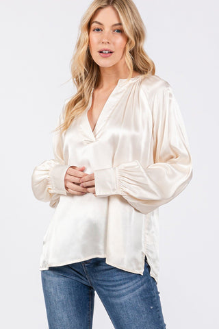 Notched Long Sleeve Blouse - MOD&SOUL - Contemporary Women's Clothing