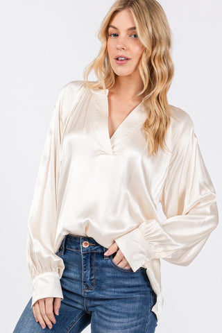 Notched Long Sleeve Blouse - MOD&SOUL - Contemporary Women's Clothing