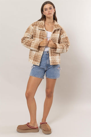 Plaid Collared Neck Boucle Jacket - MOD&SOUL - Contemporary Women's Clothing